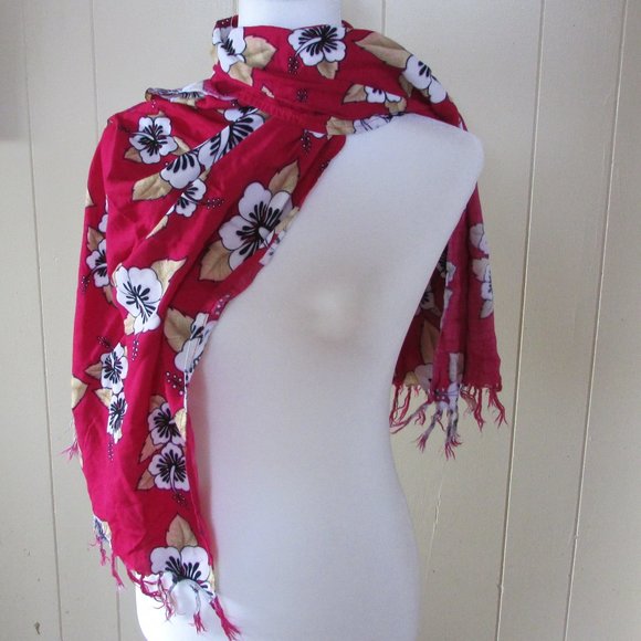 Unlisted Accessories - Red fringed flowered rayon scarf 59"X20"